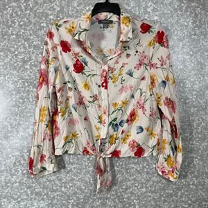 Primark Women's Cottagecore White Floral Button Up Top - Size 14 - Tie Front